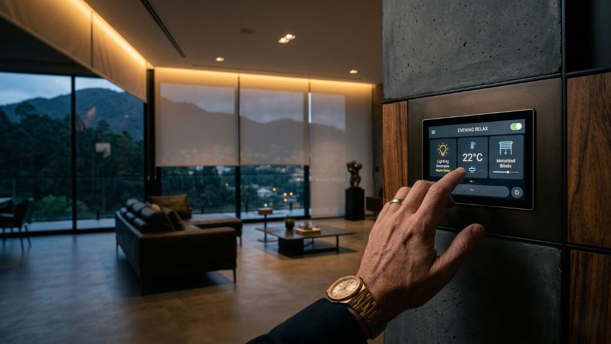 Interface de controle de automação residencial de luxo integrando luzes e persianas