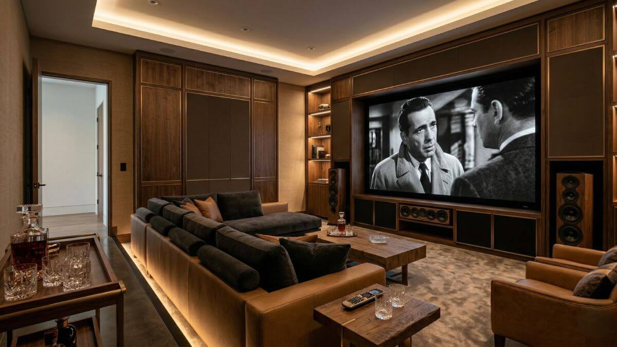 Home Cinema de luxo com poltronas de couro e tela de projeção gigante