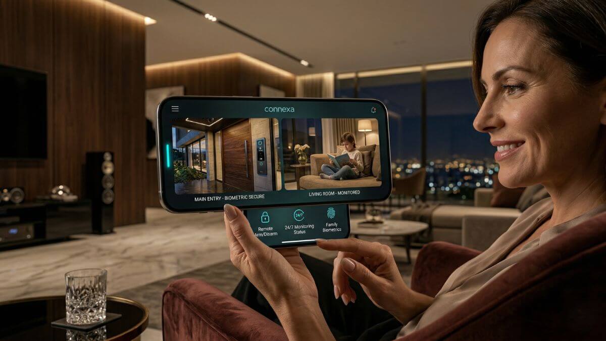 Pessoa utilizando aplicativo de monitoramento residencial remoto em smartphone de luxo